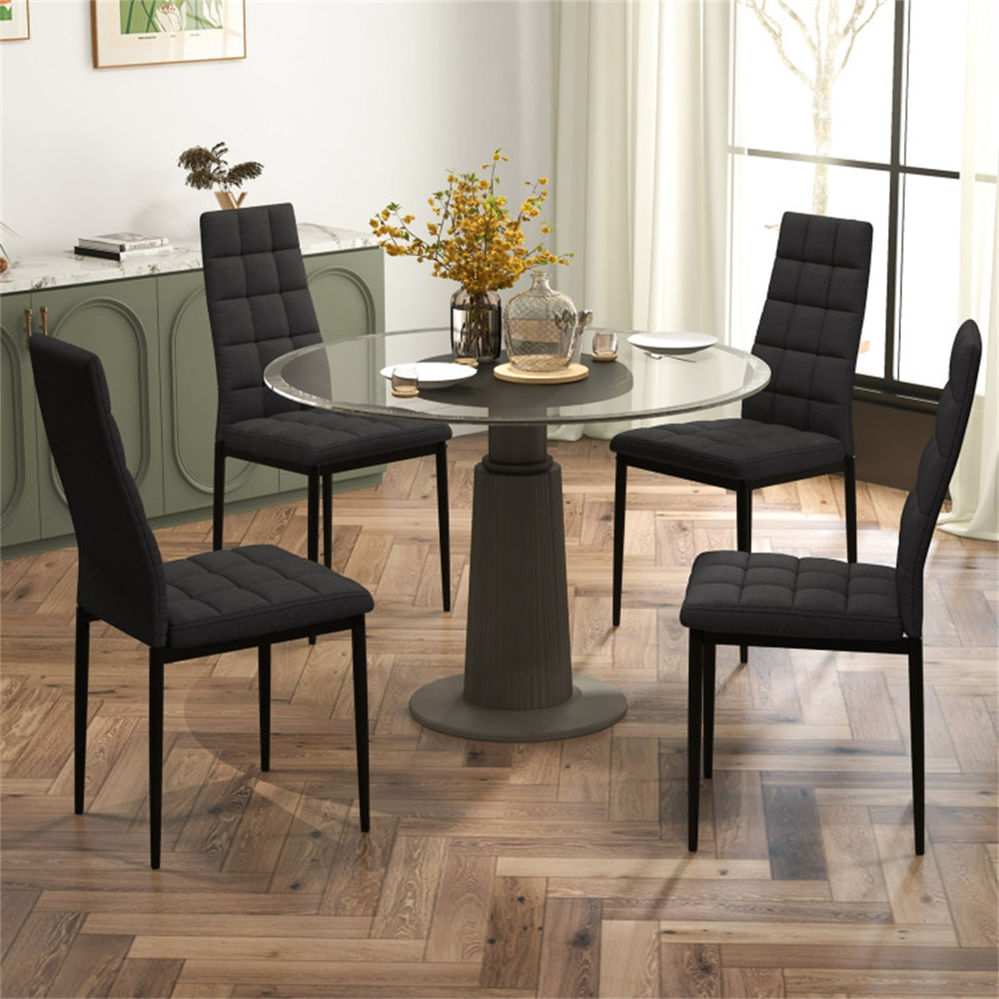 Demi Bonn Set of 4 Fabric Dining Chairs Set with Upholstered Cushion and High Back, Black