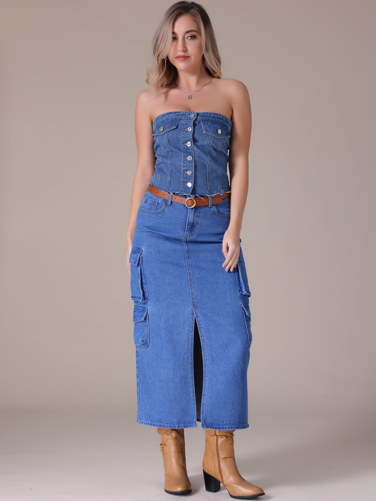 DARING DIVA Denim Tube Button Front Raw Hem Crop Strapless Bandeau Top XL Blue