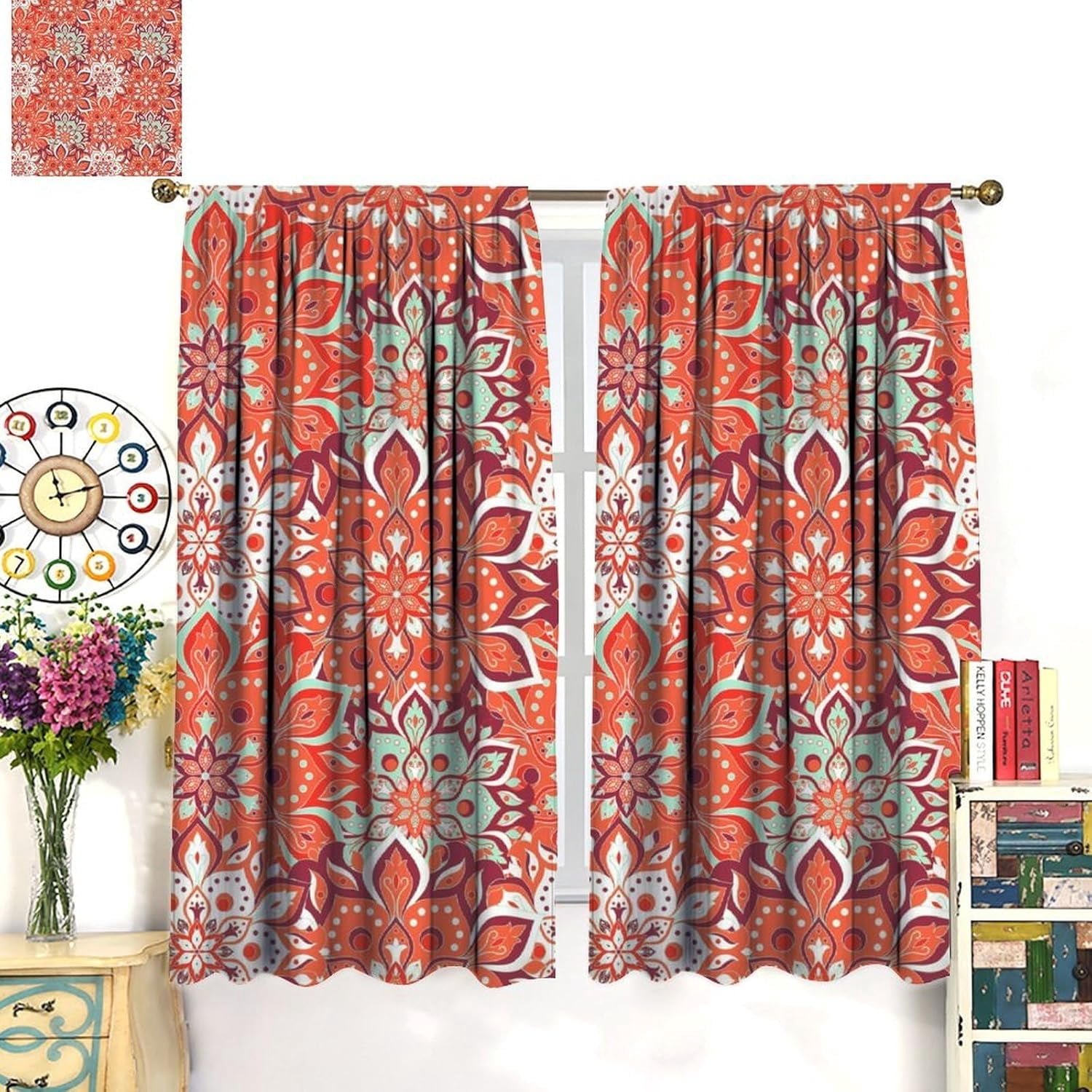 Rustic Paisley Blackout Curtains,Orange Boho Vintage Flower Texture Paisley Art Aesthetic Print Rod Pocket Window Treatments Drapes for Bedroom Living Room Kitchen Home Decor 84" W X 84" L