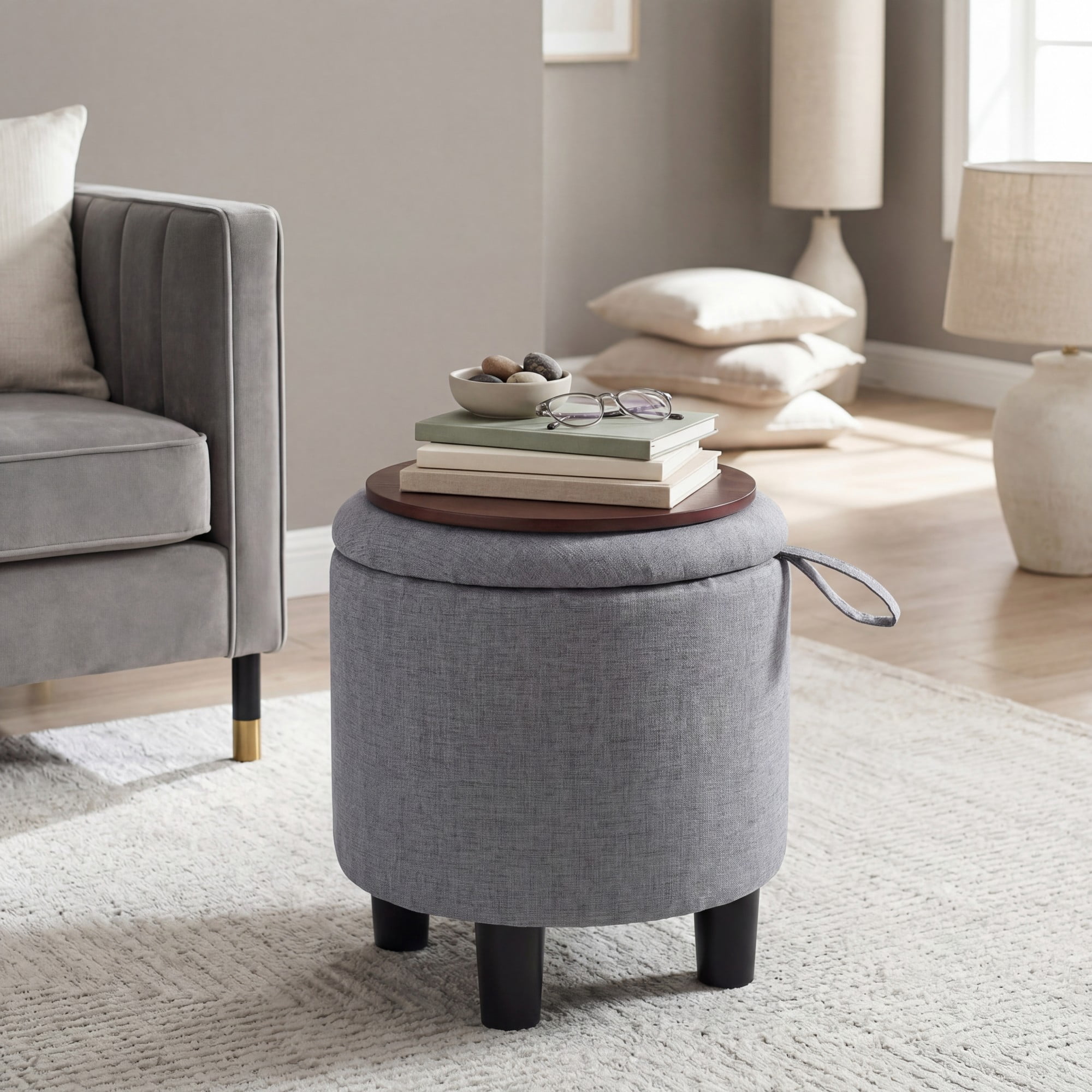 ELLEGNT Round Ottoman with Storage - Removable Lid, Linen Fabric Footrest Stool for Living Room, Bedroom Gray