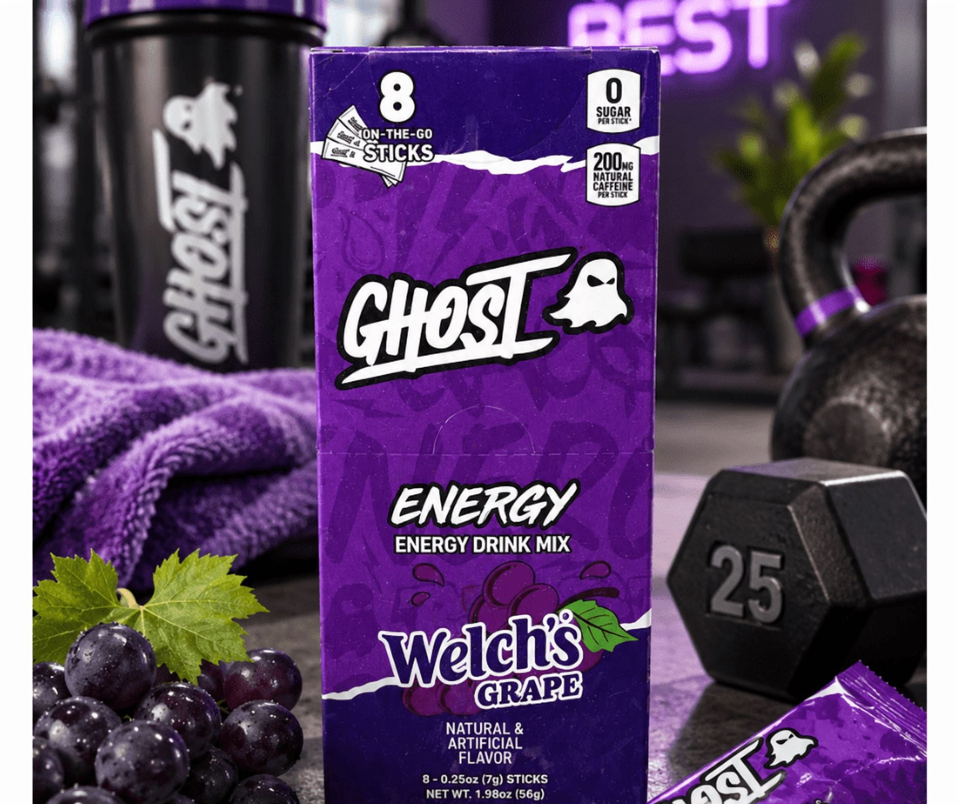 GHOST Energy Drink Mix Sticks Welch's Grape Flavor 8 Count, Zero