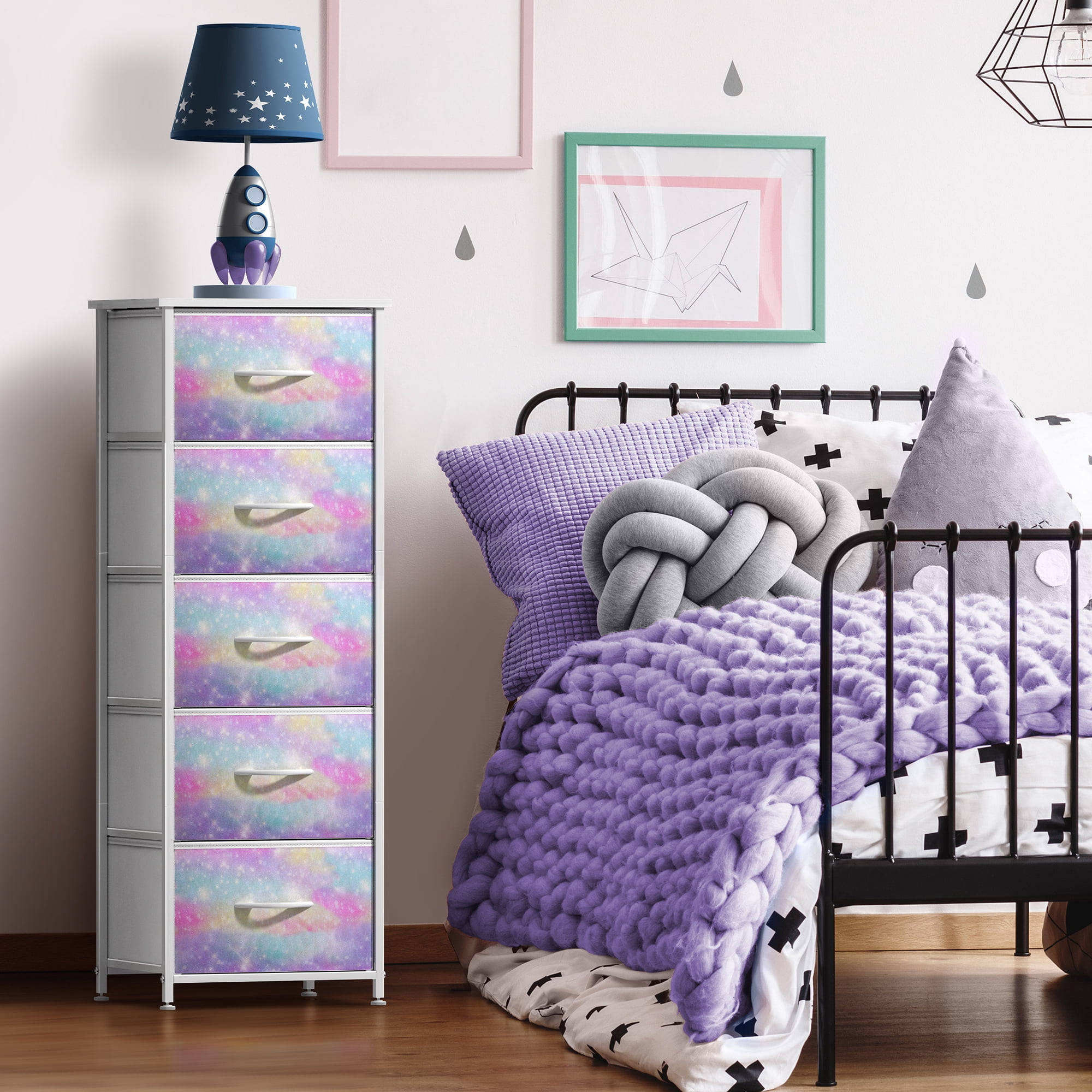 Sorbus Narrow 5-Drawer Dresser Nightstand, Rainbow Sparkle, Steel Frame, Wood Top