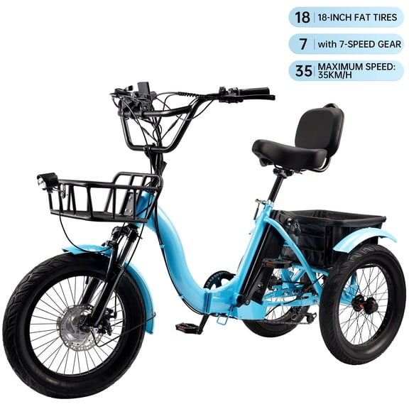 Electric Tricycle for Adults, 18-inch Fat Tire Electric Trike, 3 Wheel Folding Electric Tricycle, 22MPH 27Miles Long Range 7 Speed Ebike, Blue