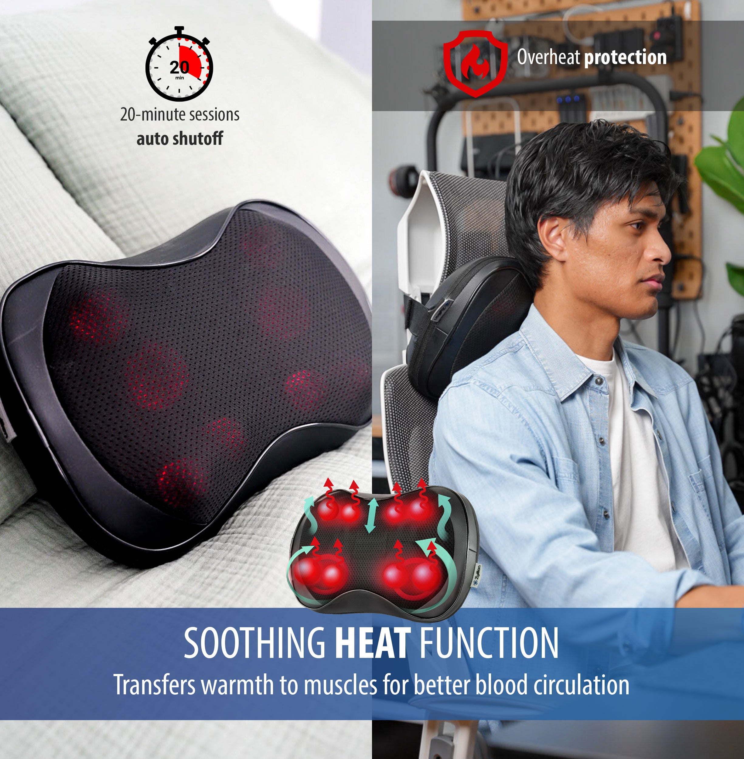 Zyllion Rechargeable Shiatsu Back and Neck Massager with Heat, 3 Speed