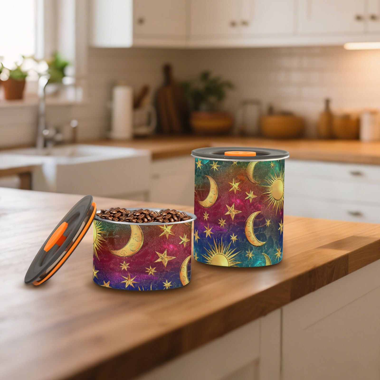 Gold Moon Star Sun Rainbow Color Airtight Coffee Bean Canister 30oz Food Storage Containers with Lids For Gournd, Tea, Sugar, Flour, Rice, Cereal, Candy Cookie Jar