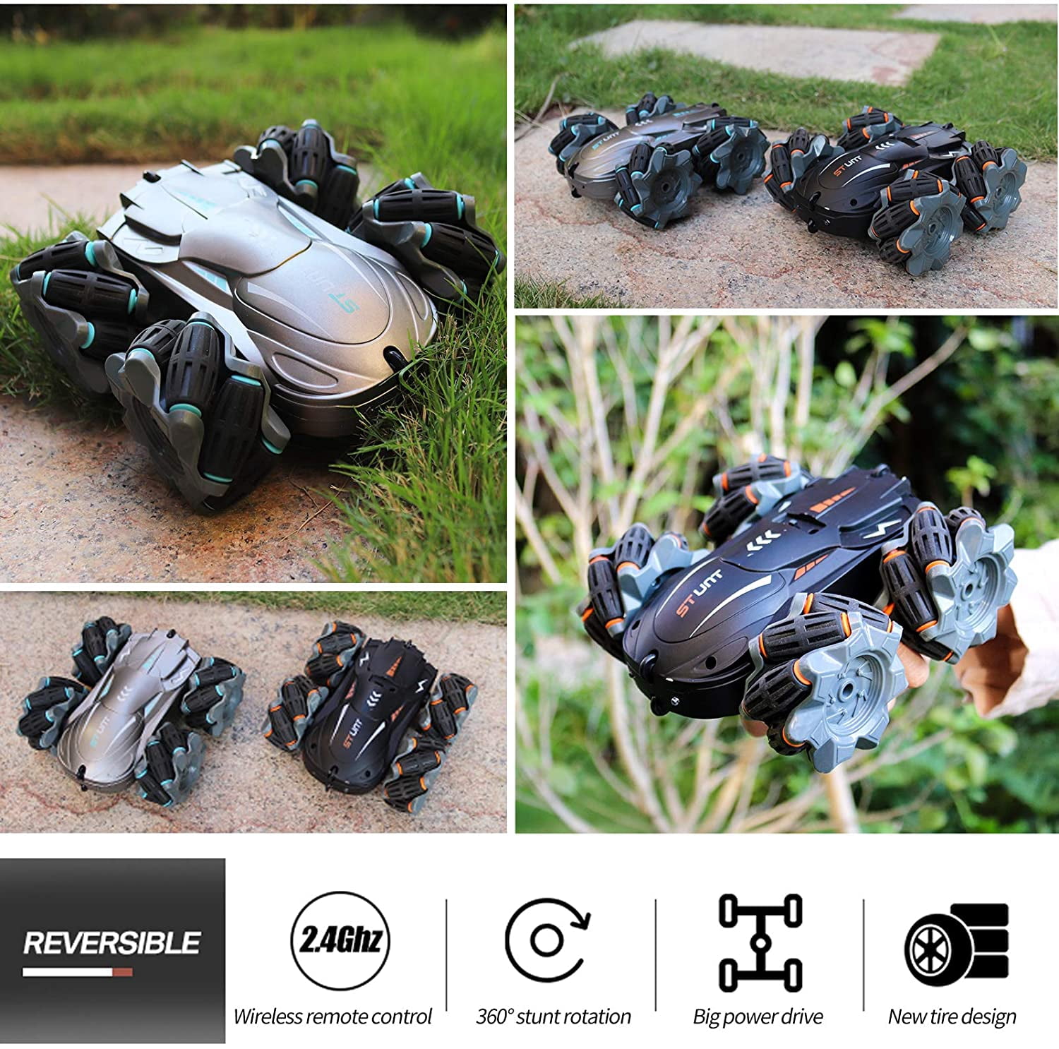 LNKOO Remote Control car Drifting, Drifting, bidirectional Driving Stunt, high-Speed Climbing Off-Road Vehicle, with LED Colorful Lights, with Rechargeable Battery (Silver)