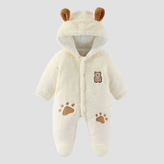 fnnxnal White Kids Girl Bear Onesie - Warm Footed Kids Jumpsuit with Plush Ears, Front Zipper & Quilted Lining, Fall/Winter Wear for 0-12M Daily/Photo Use,Size 9 Months