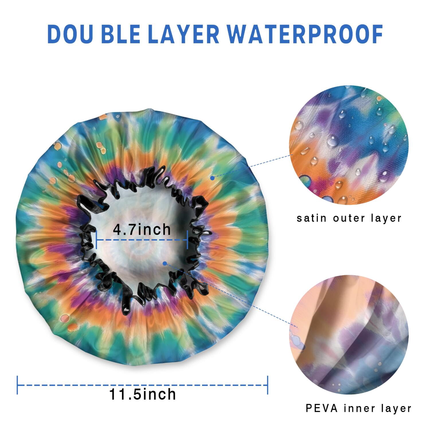 Shower Caps,Rainbow Tie Dye Mandala Pattern Waterproof Shower Cap for Women 4 Pieces,Double Reusable Hair Cover for Shower PEVA Elastic Stretch Hem