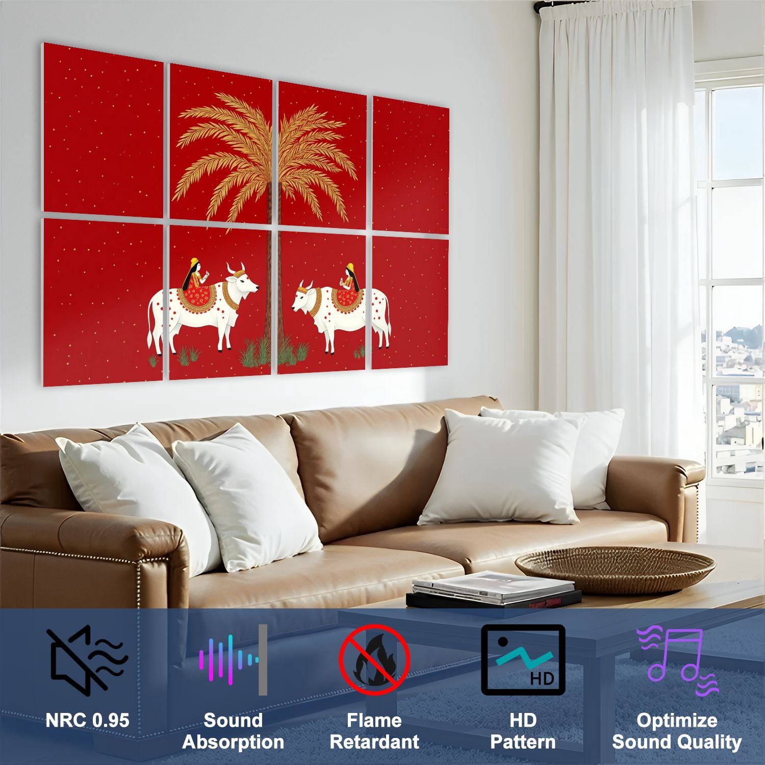8 Pack Art Acoustic Panels Sound Absorbing Traditional Indian Art Cows Decorative Soundproof Wall Panels Self Adhesive for Nursery Game Room Bedroom 48"x32"