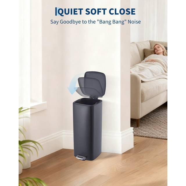 Kojooin Step Trash Can with Lid, 8 Gallon 30L Stainless Steel Square Garbage Bin with Inner Bucket