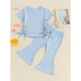 thumbnail image 3 of Musuos Toddler Girls Ribbed Summer Outfits, 9M 12M 18M 24M 3Y 4Y Short Sleeve Round Neck Side Drawstring Tops + Elastic Waist Flare Pants Set, 3 of 10
