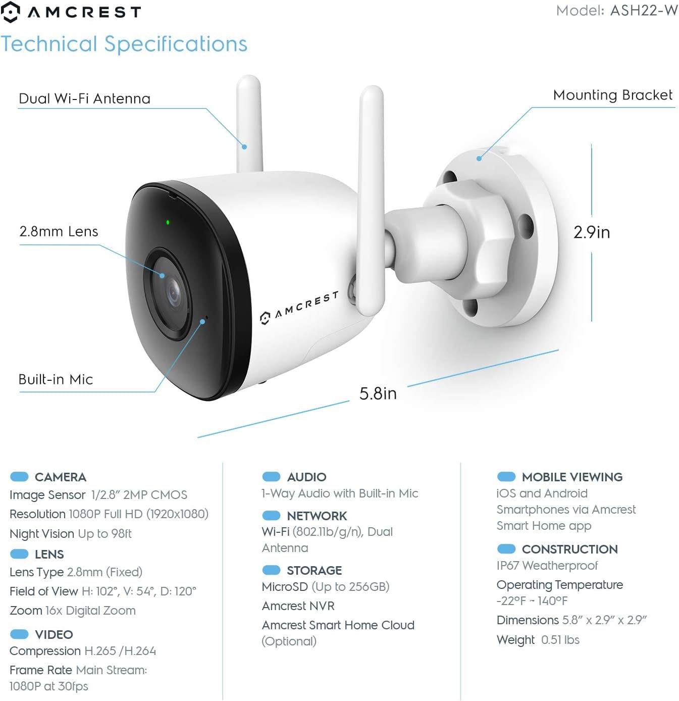 Pre-Owned Amcrest 1080P WiFi Camera Outdoor, Smart Home 2MP Bullet IP Security Camera Outdoor Wireless, 98ft Nightvision, Built-in Mic, 256GB MicroSD Storage (Sold Separately), ASH22-W (Wired Power)