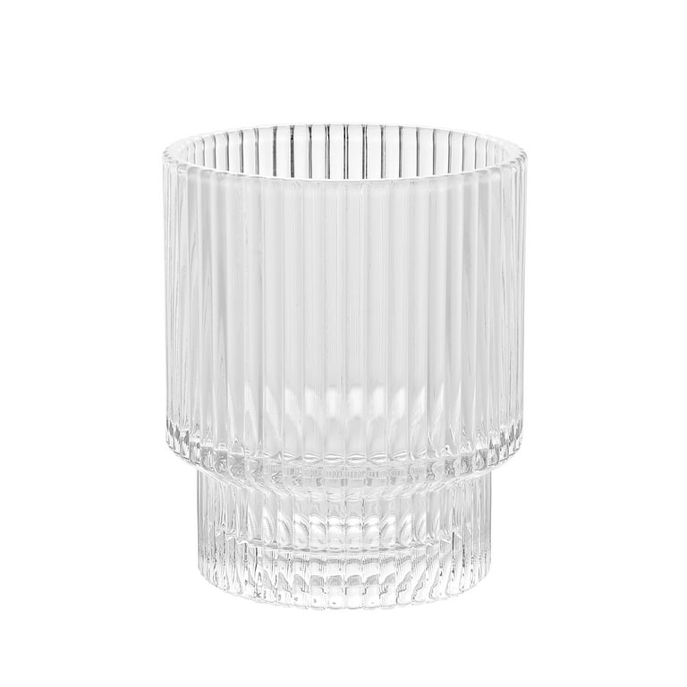 Vintage Art Deco Fluted Drinking Glasses - 9 oz Modern Kitchen Glassware Set  Old Fashion Tumbler Cups for Weddings, Cocktails, Bar Ribbed Lowball Glass  Cup for Water, Gin, Whiskey- Set of 4
