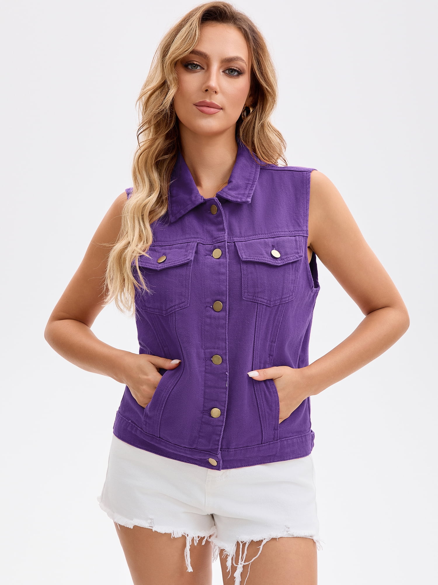DARING DIVA Womens Denim Vest Button Down Jacket Sleeveless Jean Jacket L Dark Purple