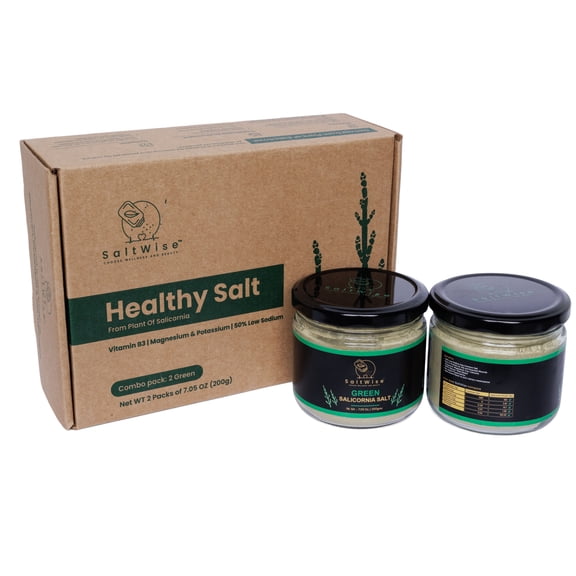SaltWise Green Salt, Gourmet Chef’s Pack of 2 Jars – 50% Less Sodium, Plant-Based Salt Substitute, 100% Dehydrated Salicornia (Sea Beans), Natural Umami, No Additives (14.10 oz / 400g Total)