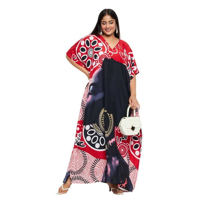 Oussum Robes Longues Caftans Tribales Rouges en Polyester Grande Taille pour Femmes