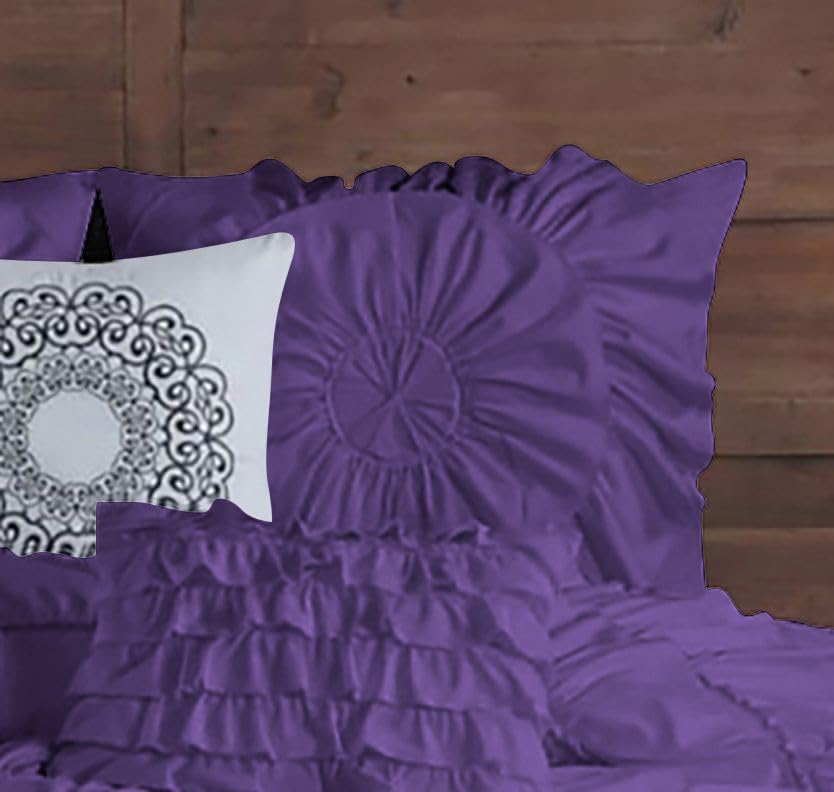 D.N.G. BEDDINGS 100% Egyptian Cotton 1 Piece Circle Ruffle Comforter with 1 Freebie Ruffle Pillow | 550 GSM Filled Microfiber - Oversized Super King Size, Purple Color - 800 Thread Count