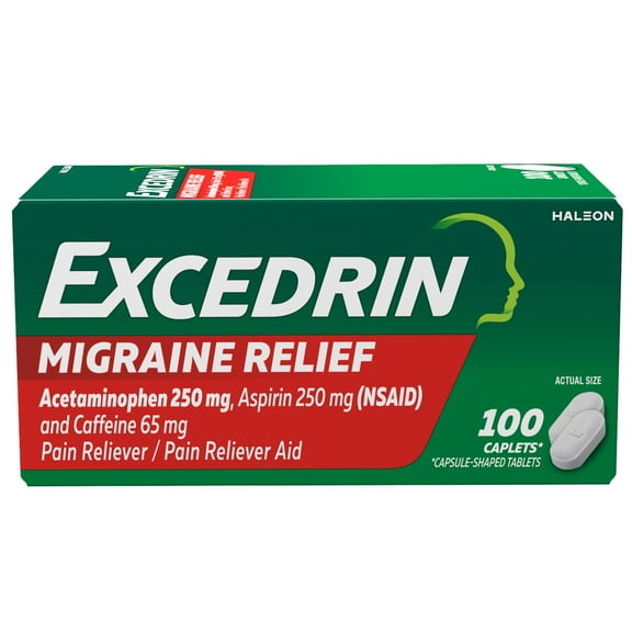 Excedrin Migraine Relief, Acetaminophen 250mg, Aspirin 250mg, Caffeine 65mg, Pain Reliever Caplets for Headache Relief, 100 Count
