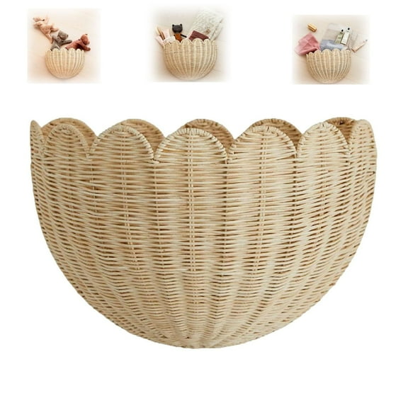 Scalloped Wall Basket  Handwoven Natural Rattan Storage Organizer with Sturdy Metal Frame, Nordic Style Wicker Decor for Wall Storage
