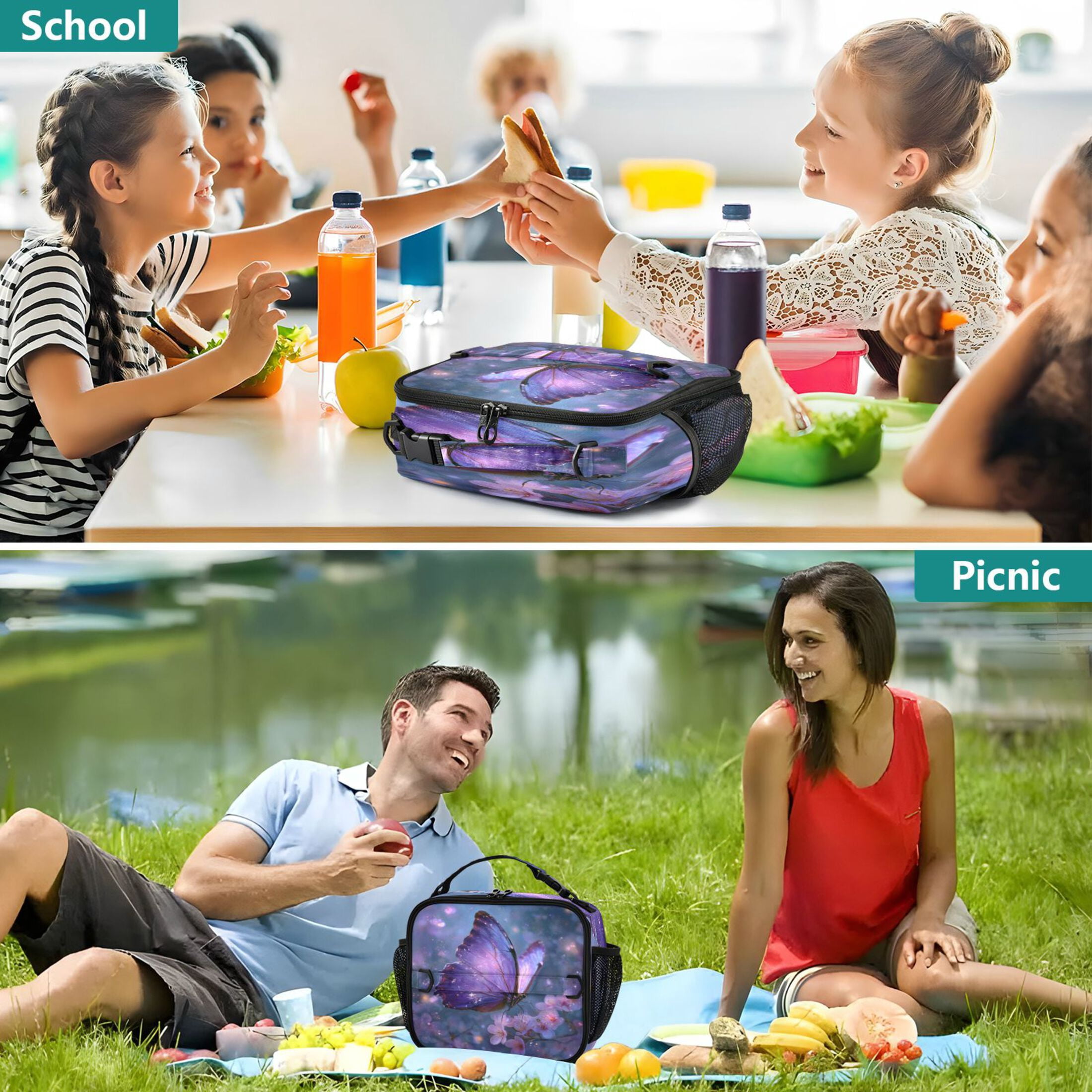 Wobogo Sakura Purple Butterfly Lunch Bag Insulated Portable Cooler Tote Bag for for Adults Kids Work Office School Picnic Beach