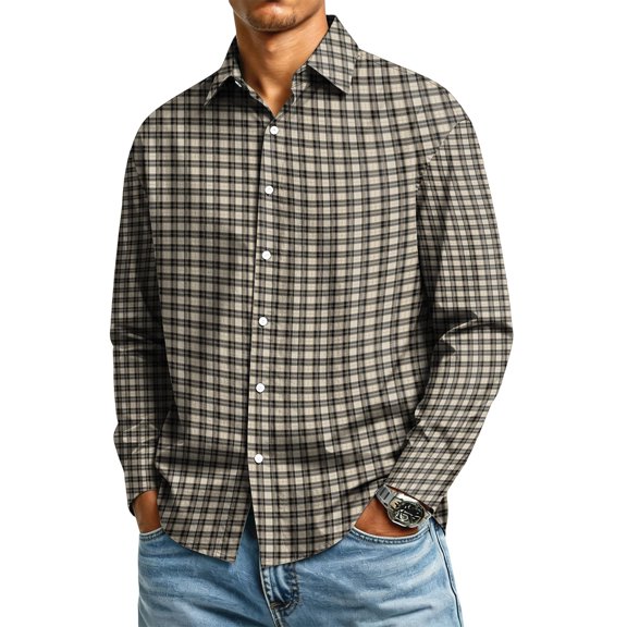 Mens Check Plaid Long Sleeve Lapel Collar Button Down Shirt Soft Breathable 4 Way Stretch Regular Fit Machine Washable Work Business Casual Fall Fashion Clothing S