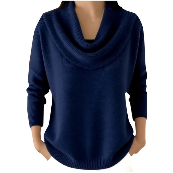 Women's Cowl Neck Casual Sweater, Valentine's Day Fitted Knit Sweater Red Cowl Neck Knit Sweater Cowl Neck Sweater for Women Soft Long Sleeve Cowl Neck Pullover, Navy S