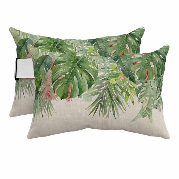 Summer Tropical Outdoor Pillows for Chaise Lounge Chair Beach Headrest Pillow Set of 2 Waterproof Lumbar Pillows with Insert&Adjustable Strap Farmhouse Palm Leaves Floral Burlap Pool Pillow 11"x16"
