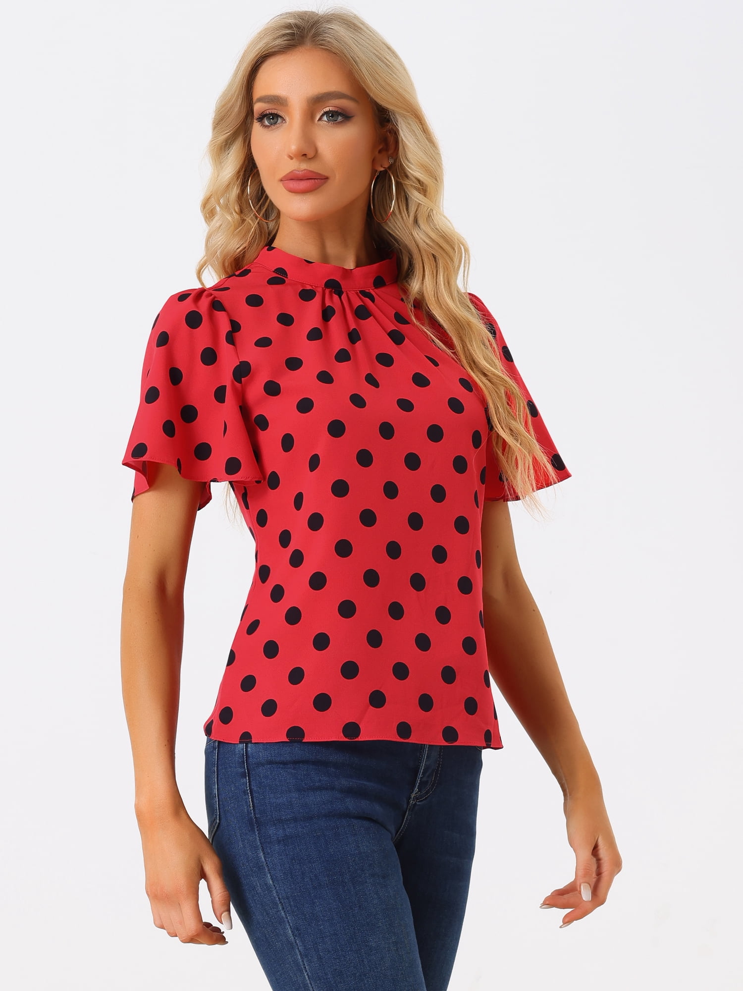 DARING DIVA Polka Dots Stand Collar Short Flare Sleeve Top L Red