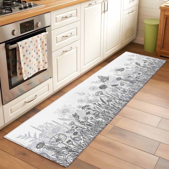 Runner Rug 2 x 6 Ft, Grey Wildflowers Washable Non-Slip Floor Mat for Kitchen Hallway/Entryway, Modern Spring Floral Butterfly Plant Long Kitchen Runner Area Rugs for Living Room, Low-Profile