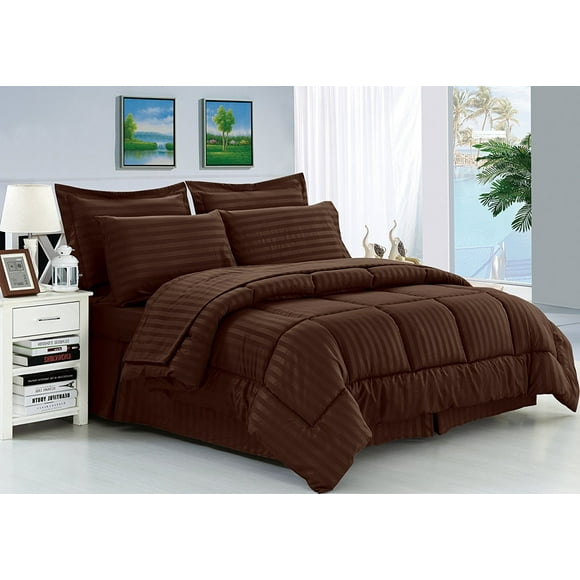Elegant Comfort 8-Piece Silky Soft Dobby Stripe Bed in a Bag, Full/Queen, Chocolate