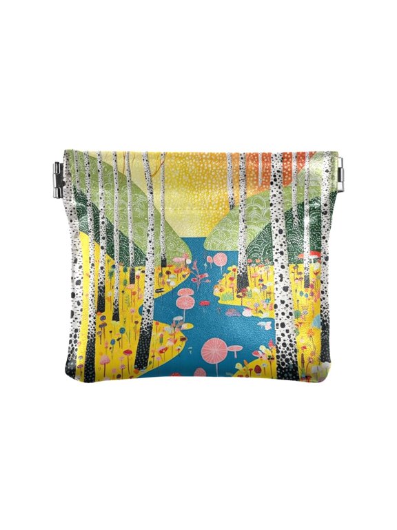 Compact PU Leather Coin Purse Small Spring-Frame Wallet Change Pouch for Travel & Daily Essentials Fantasy Forest with Stream Pattern