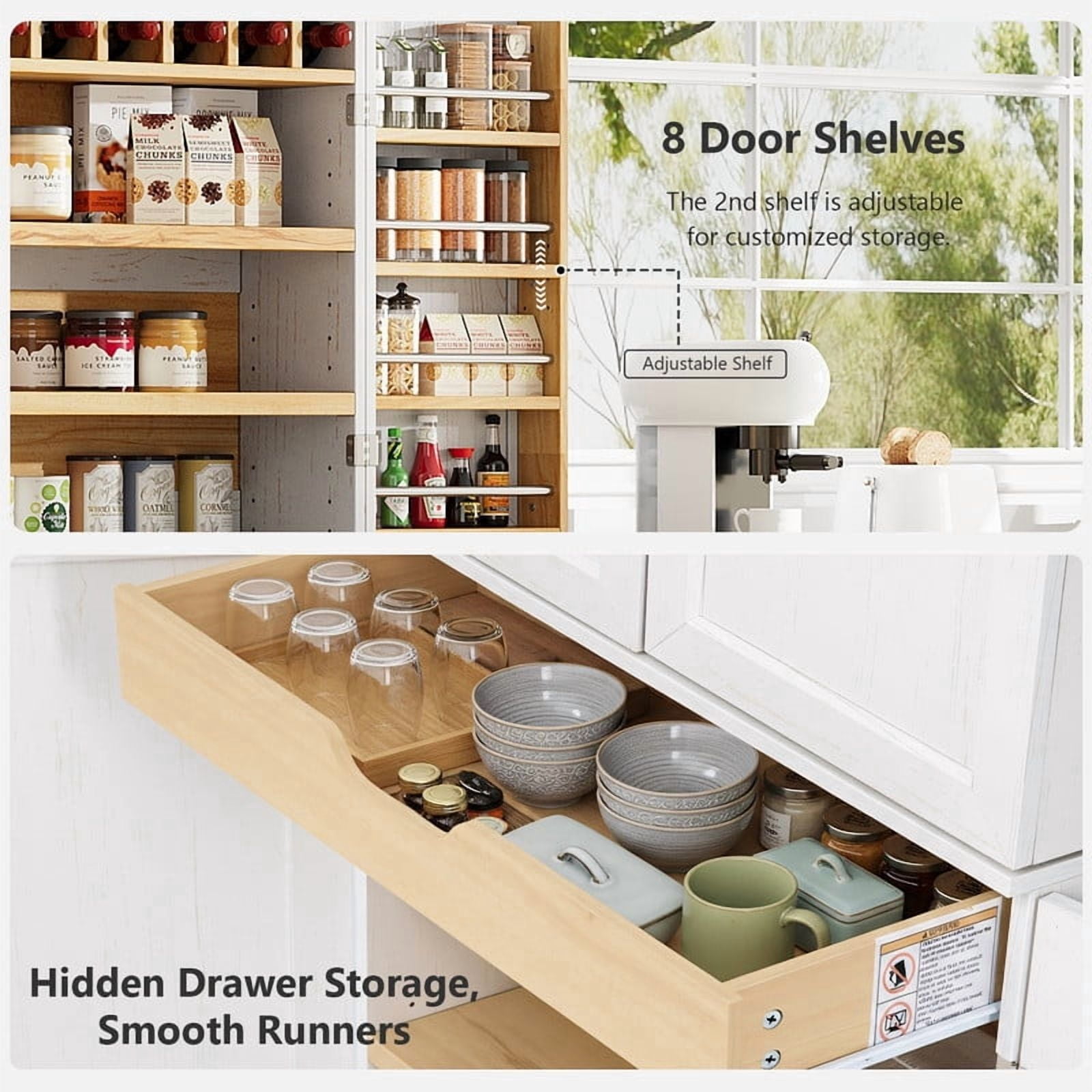 Farmhouse Kitchen Pantry with Drawers, Sideboard Storage Cabinet with Adjustable Shelves, Freestanding Versatile Cupboard