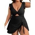 thumbnail image 1 of Charmo Womens Plus Size Swimsuit Tummy Control One Piece Ribbed Swimdress Ruffle V Neck Cutout Bathing Suit with Skirt, 1 of 7