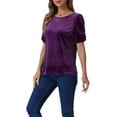thumbnail image 4 of INSPIRE CHIC Velvet Top for Women's Round Neck Puff Short Sleeve Party Clubwear Blouse, 4 of 5