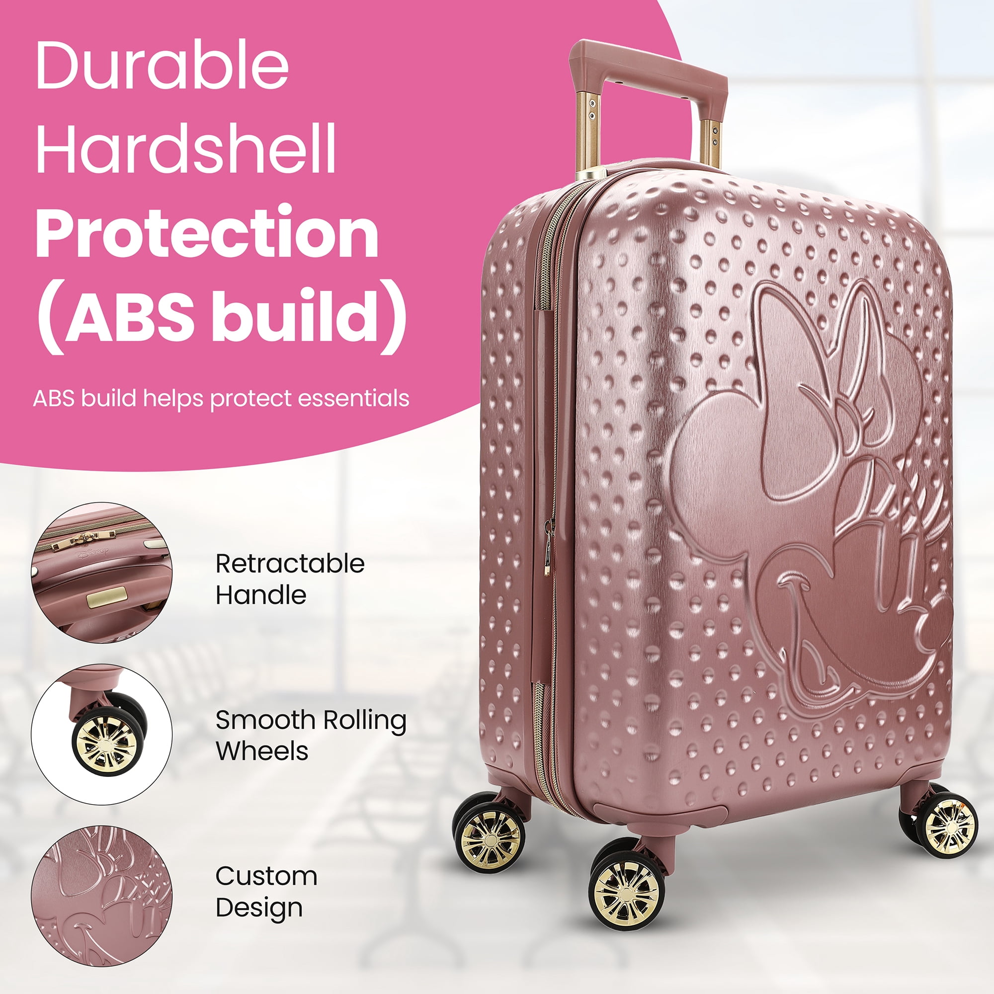 Disney Minnie Mouse 20 Inch Carry On Rolling Luggage, Rose Gold Hardshell Spinner Suitcase with 8 Wheels, Retractable Handle, Valet Straps & Zippered Packing Curtain, Expandable, Officially Licensed