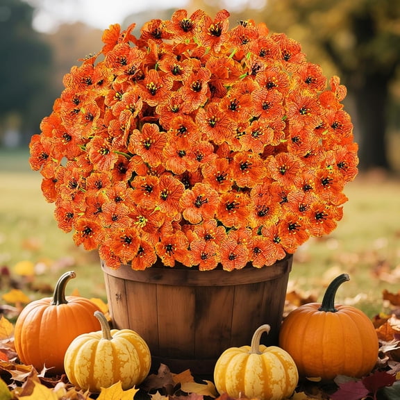 Fall Decor 16 Bundles Artificial Fall Flowers for Outdoors, Realistic Fake Mums for Autumn Outside Decoration, Faux Orange Flowers for Planter, Window Box Porch Patio Decor