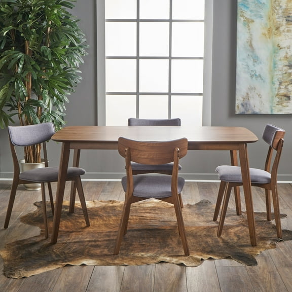 Noble House Lucca Indoor Mid Century Natural Walnut Wood Dark Grey 5 Piece Dining Set