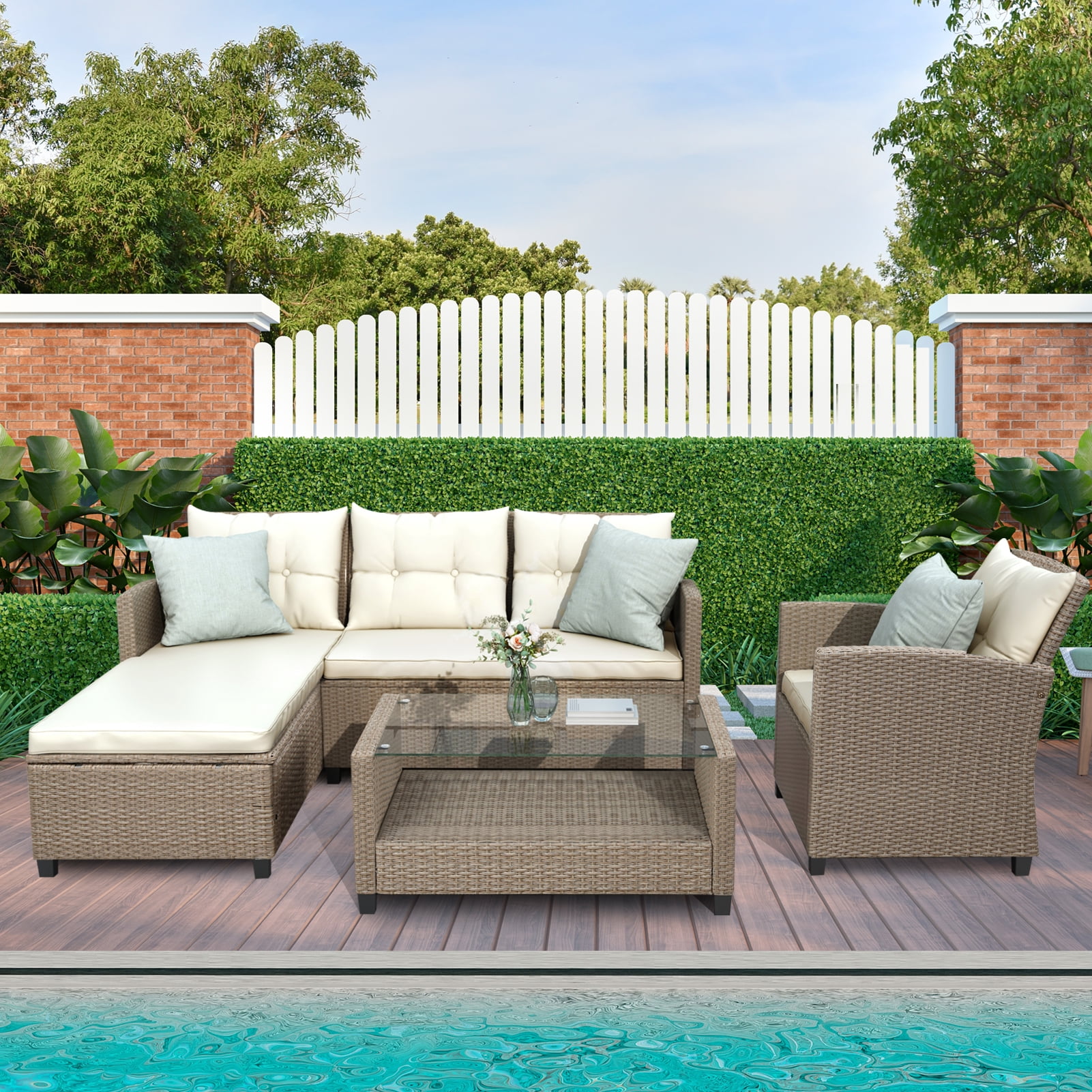 SEGMART 4 Piece Patio Furniture Set, All-Weather Outdoor Sectional Sofa Set, PE Rattan Conversation Set with Table & Cushions, Wicker Furniture Couch Set for Patio Deck Poolside, B895