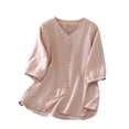 thumbnail image 3 of XPMWRP Women's Cotton Linen Button Down Short Sleeve Shirts Summer Loose V Neck Casual Oversized Solid Blouses Pink XXL, 3 of 7