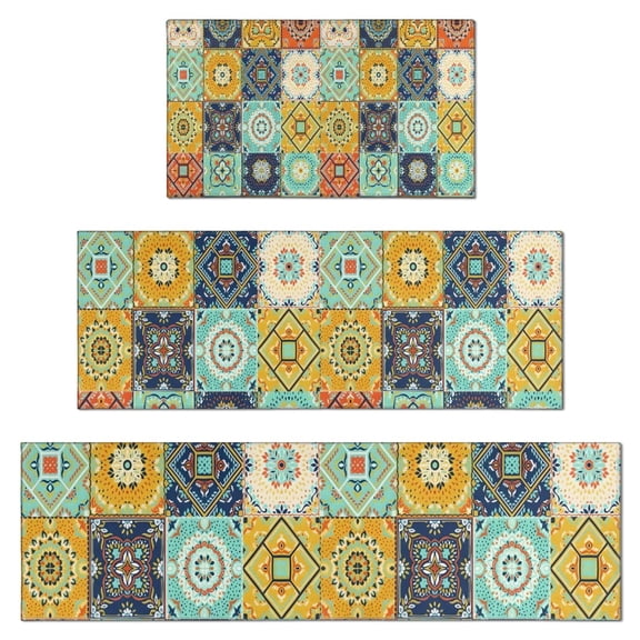 Orange Boho Bohemia Floral Geometric Pattern Kitchen Rugs Sets Of 3,Kitchen Runner Rugs Non Skid Washable,Decorative Kitchen Floor Mats for Kitchen,Sink,Laundry,17"x30" 17"x47" 17"x59"