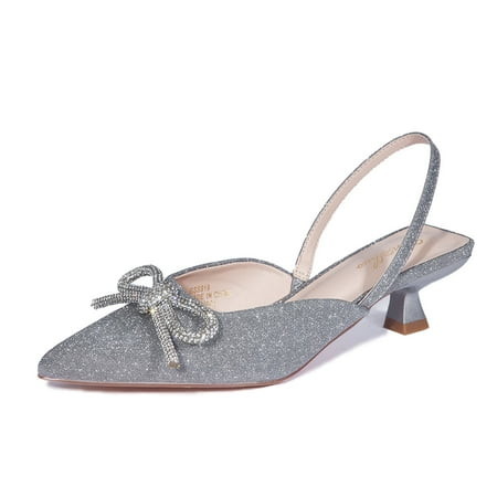 Zhabtuc Slingback Rhinestone Bow Heels for Women Closed Pointed Toe Kitten Pumps Slip On Stilettos Wedding Bride Dress Shoes Silver Size 7