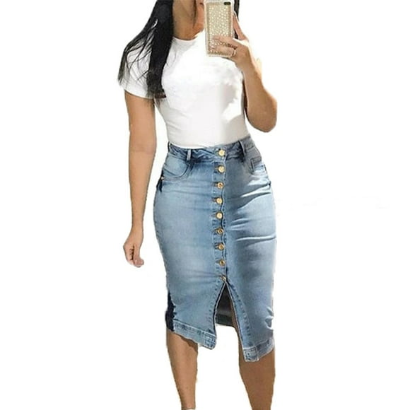 Midi Skirts for Women Sexy Midi Denim Skirts with Buttons, Light Blue, XL