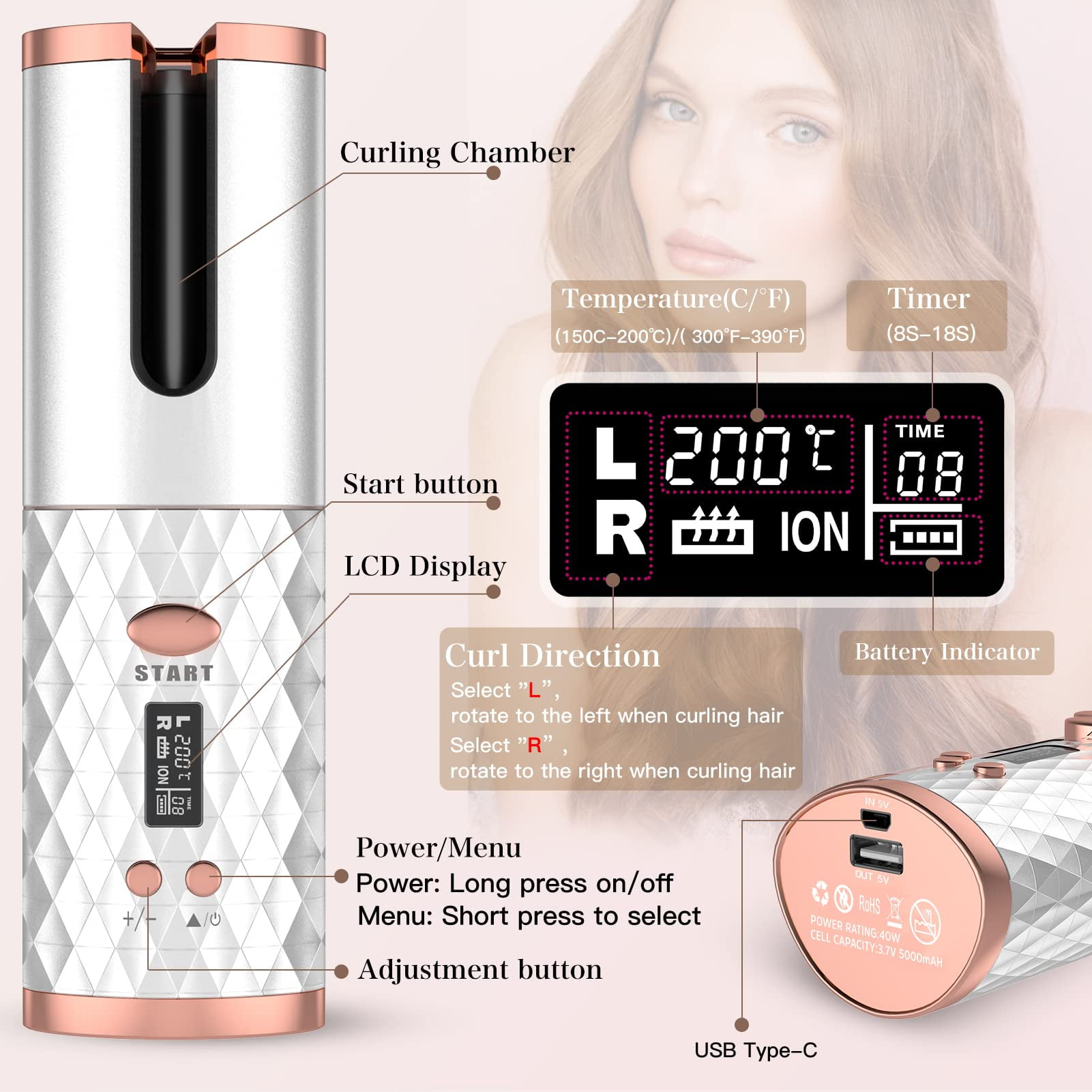Cordless Hair Curler,Portable Hair Curler,Automatic Curling Iron, Rechargeable Hair Curler with 6 Temp & Timer LCD Display ,Fast Heating & Auto Shut Off Ceramic Rotating Hair Curler(White)