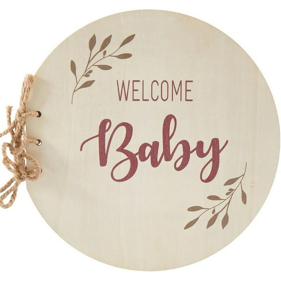 1 pc Round with Word Welcome Baby Wood Baby Shower Guest Book Alternatives for Boy or Girl Old Lace 22x21.8x1.05cm