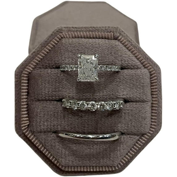 Velvet Treasures Engagement Ring Box - Vintage 3 Slot Octagon Jewelry Box for Wedding Ceremony, Display & Storage, Lavender