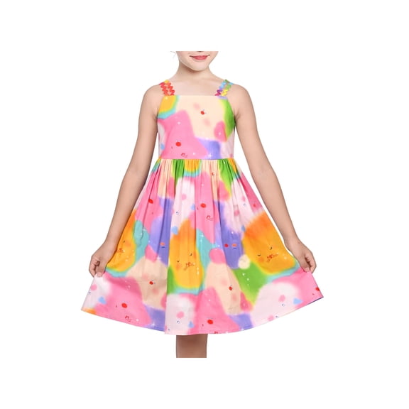 Girls Dress Rainbow Colorful Cartoon Zigzag Spaghetti Sundress Cotton 5 Years