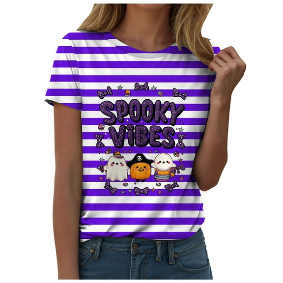 YDFCWXW Women's Halloween 'SPOOKY VIBES' Graphic Short Sleeve T-Shirt - Cute Round Neck Casual Tee for Spooky Season Purple, L