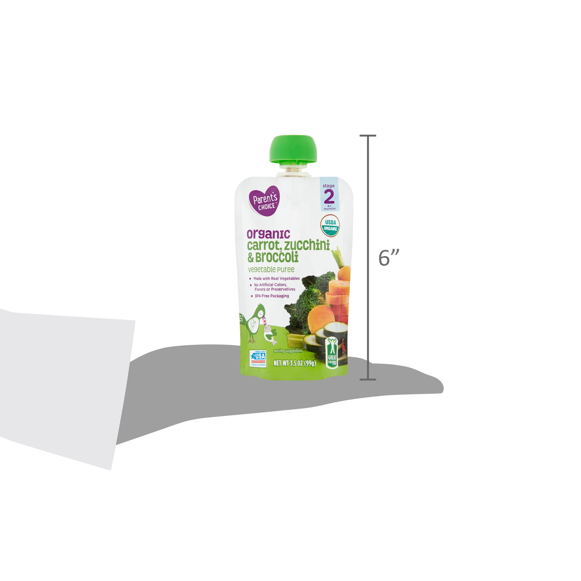Parent's Choice Organic Stage 2 Baby Food, Carrot Zucchini Broccoli, 3.5 oz Pouch