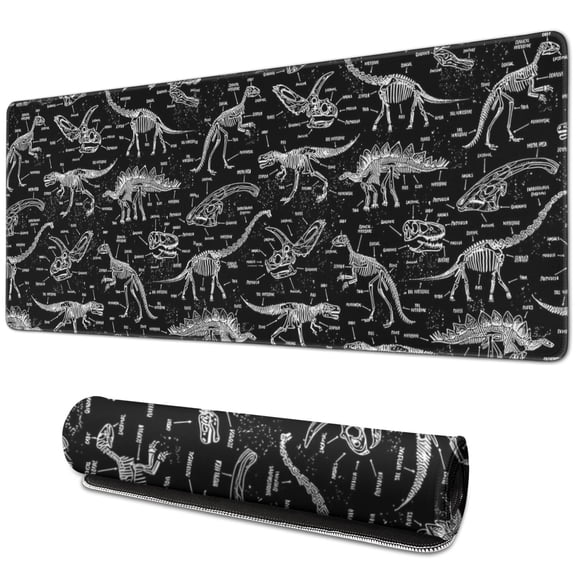 Long Mouse Pads for Desk,Black White Dinosaurs Skeletons Pattern Desk Mats on Top Of Desks, Desk Mouse Pad Extra Large with 3mm Non-Slip Base and Stitched Edge for Gaming,Office,Work,Home 31.5"x11.8"
