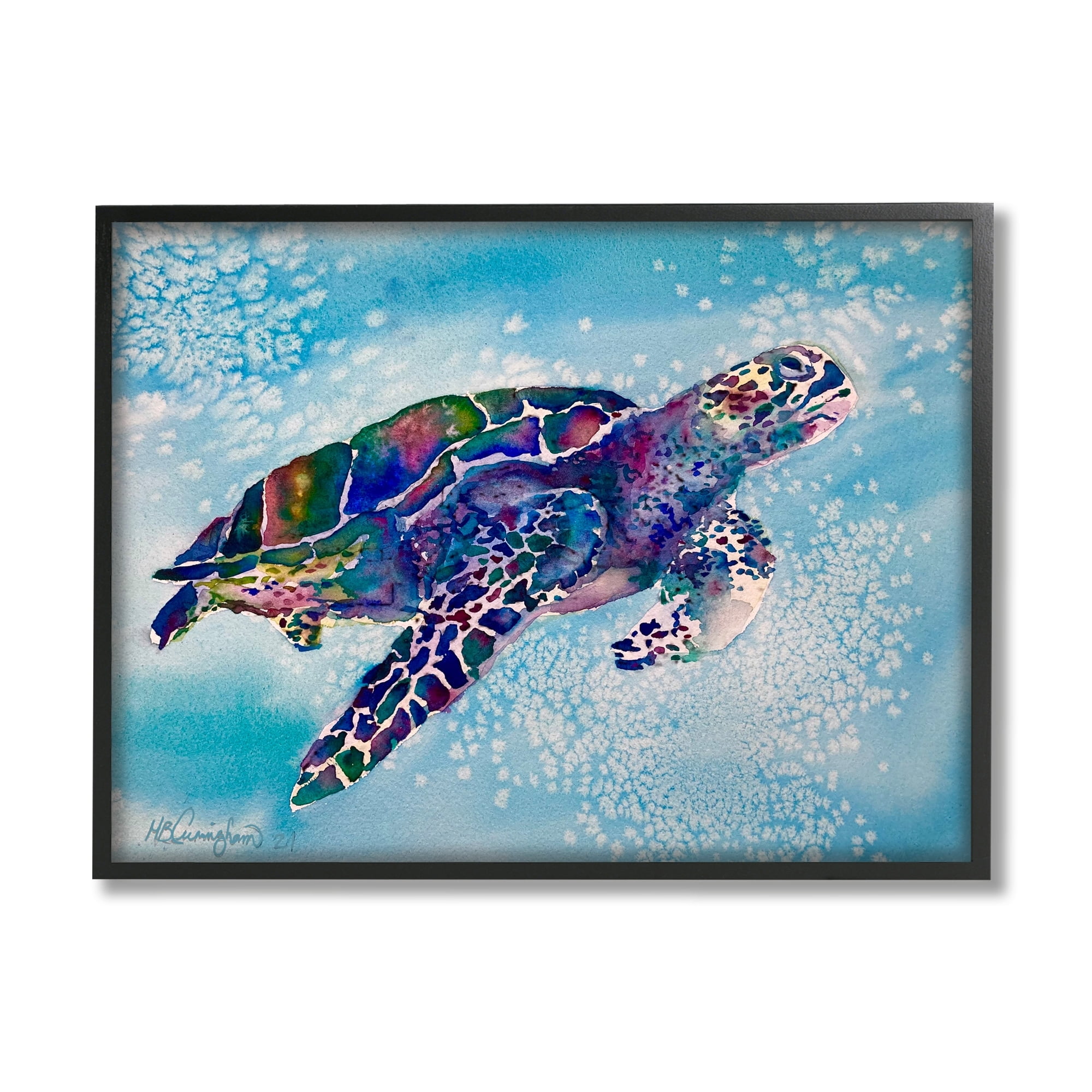 Stupell Industries Beautiful Sea Turtle Swimming Stippled Water Splashing Paintings Gray Framed Art Print Wall Art, 14x11, by MB Cunningham